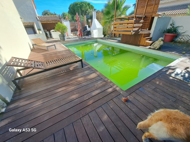 Application d'un traitement de margelle en bois exotique sur une piscine à Lunel